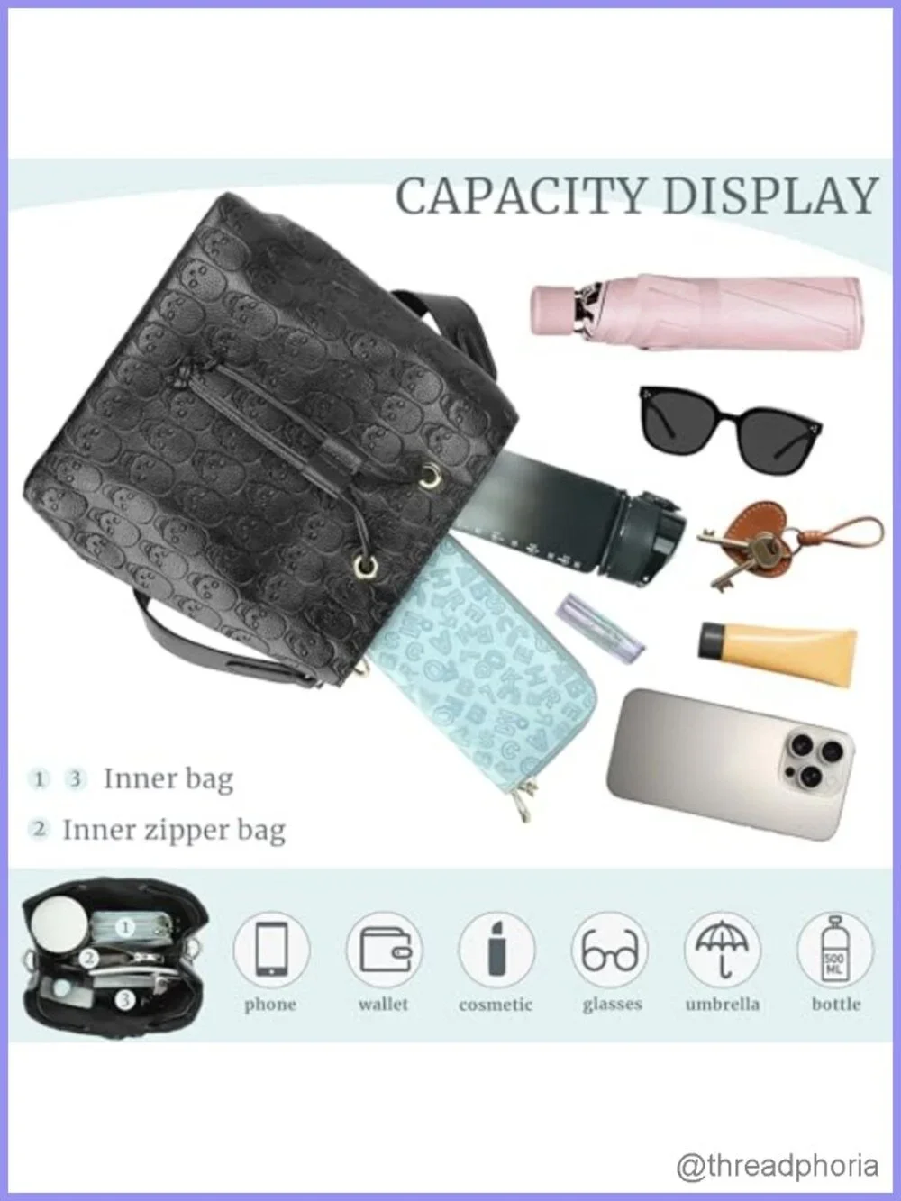 Faux Leather Gothic Skull Bucket Bag Women Shoulder Hobo Tote